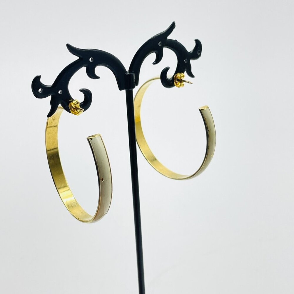 Hoop Earrings White Enameled Gold Tone Classic Career Everyday - Picture 8 of 9